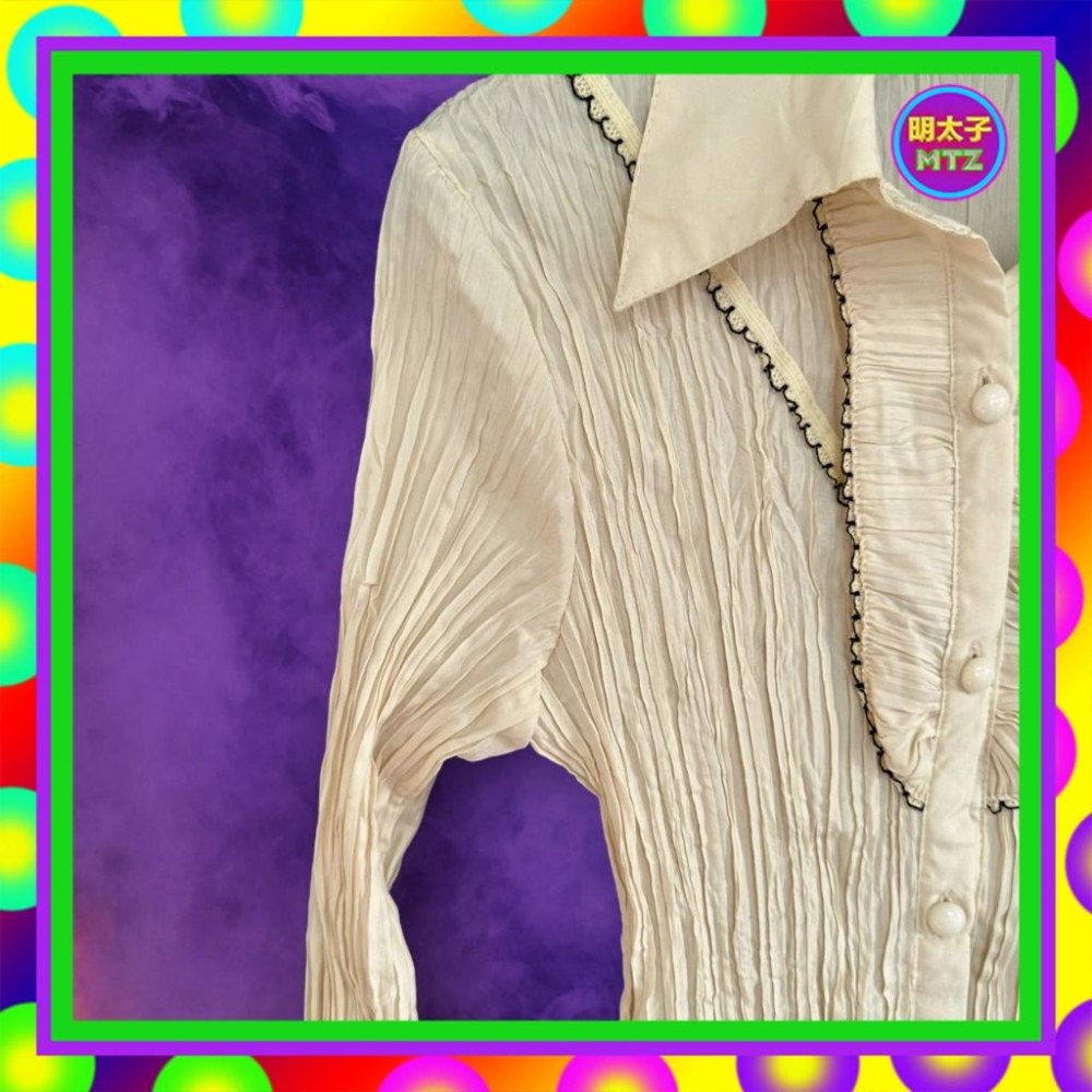 二手 MAGIC 米色 壓褶 彈性 長袖 襯衫 F1106 【明太子 古著應召站】-細節圖3