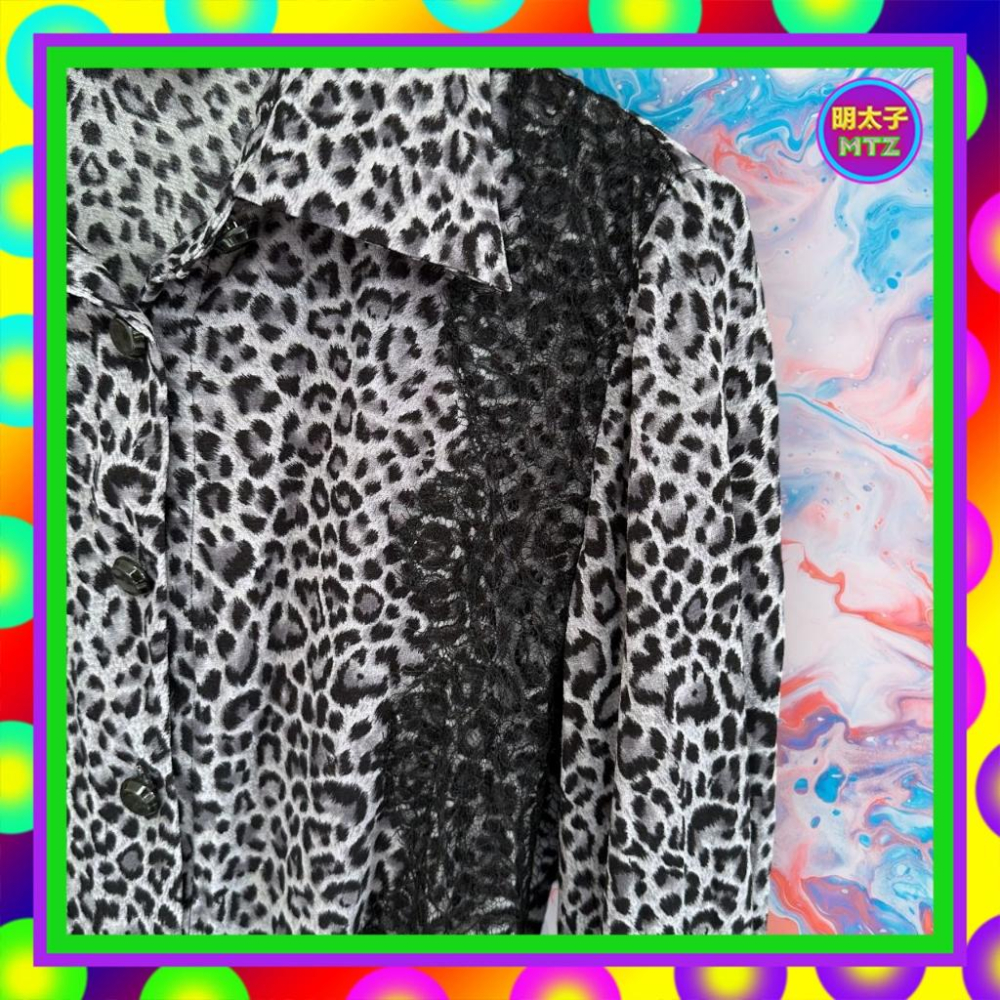 二手 灰黑配色 豹紋 印花 輕薄 高彈性 拼接 蕾絲 中短版 長袖 襯衫 F1101 【明太子 古著應召站】-細節圖2