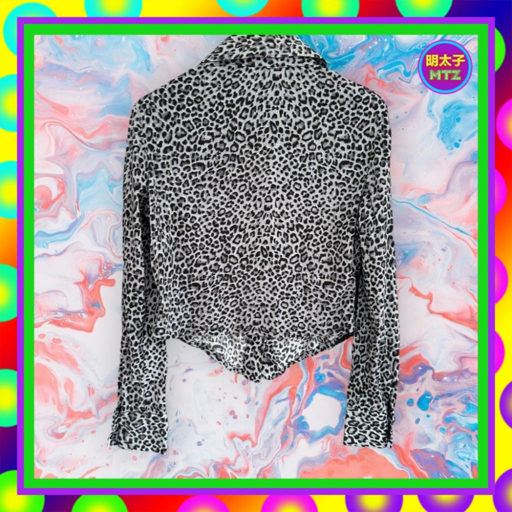 二手 灰黑配色 豹紋 印花 輕薄 高彈性 拼接 蕾絲 中短版 長袖 襯衫 F1101 【明太子 古著應召站】-細節圖3