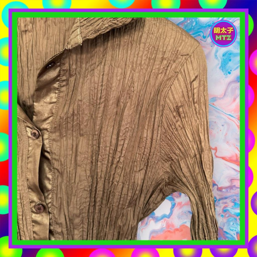 二手 咖啡色 微亮面 輕薄 壓縮皺 緊身 長袖 襯衫 F1101 【明太子 古著應召站】-細節圖2