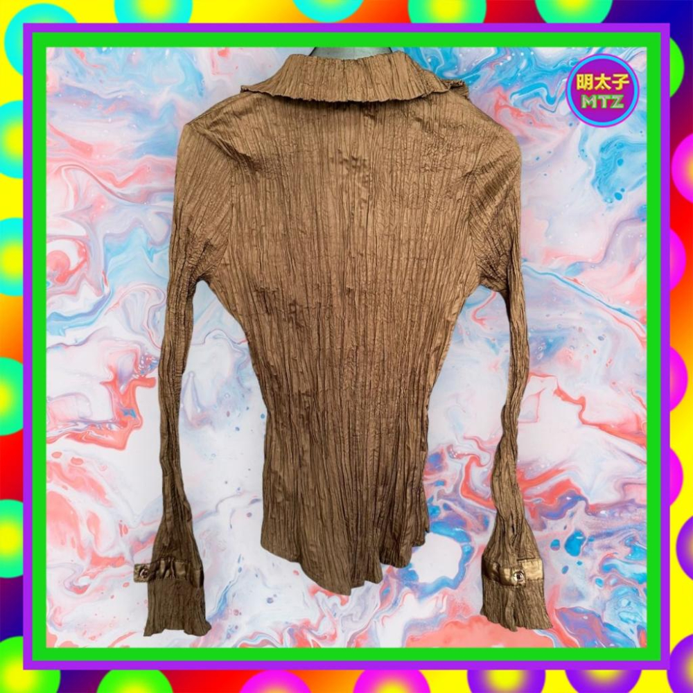 二手 咖啡色 微亮面 輕薄 壓縮皺 緊身 長袖 襯衫 F1101 【明太子 古著應召站】-細節圖4