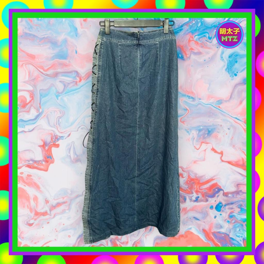 二手 BV2 藍色 牛仔 銀閃亮 綁繩 微彈性 高衩 27 中高腰 長裙 F1027 【明太子 古著應召站】-細節圖3