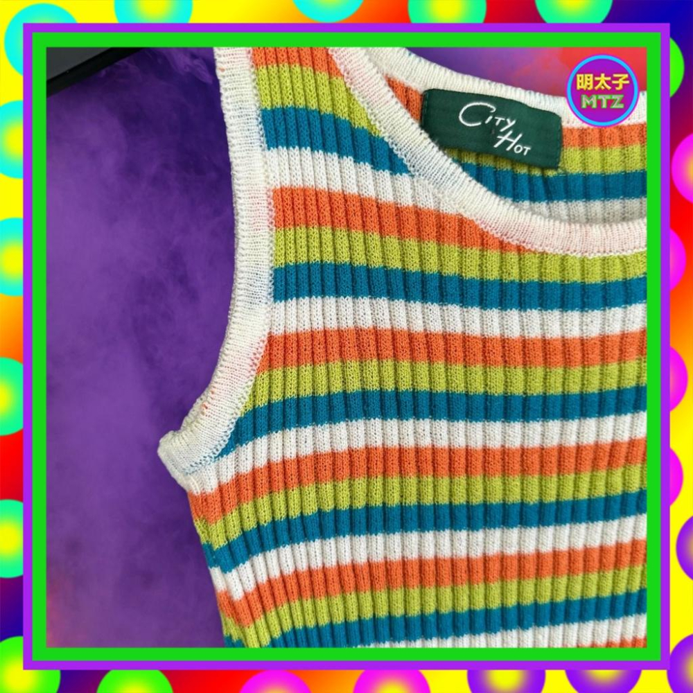二手 CITY HOT 白彩色 條紋 針織 彈性 背心 F1027 【明太子 古著應召站】-細節圖2