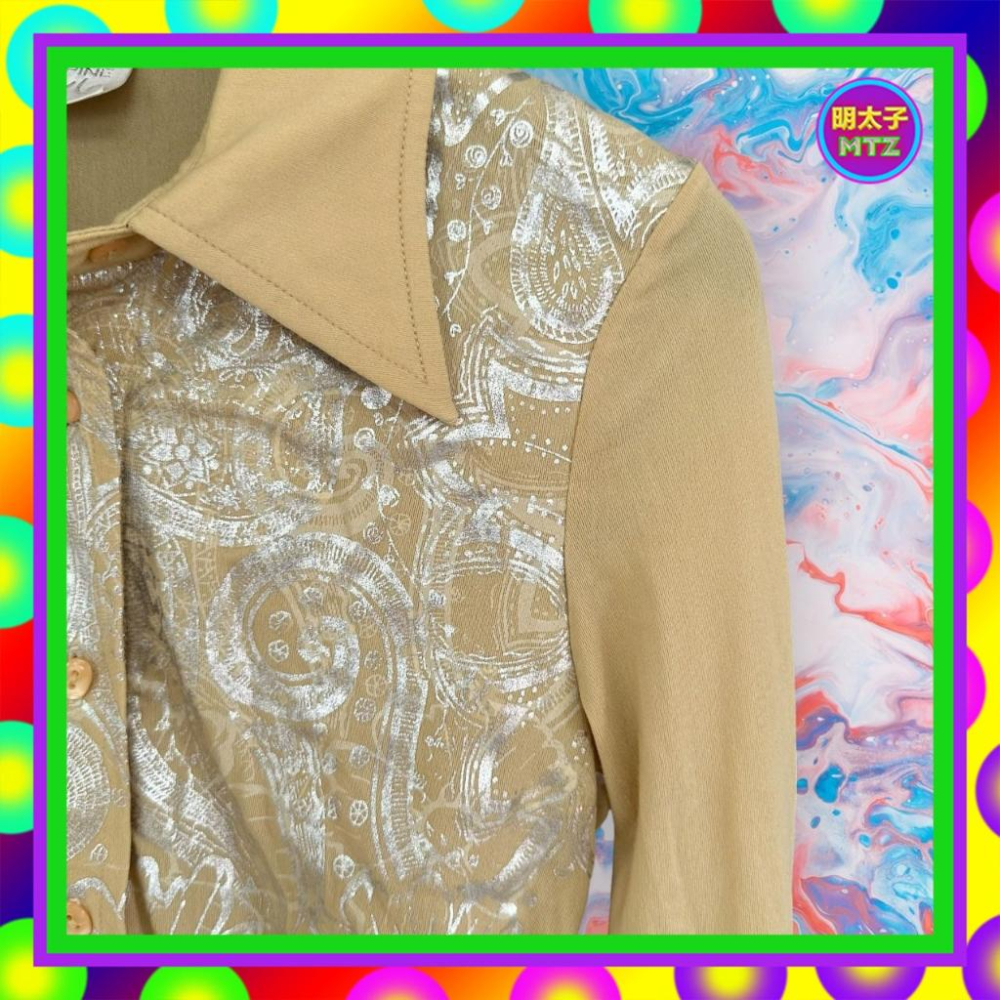 二手 POUPINE 卡其 銀印花 彈性 長袖 襯衫 F1027 【明太子 古著應召站】-細節圖2