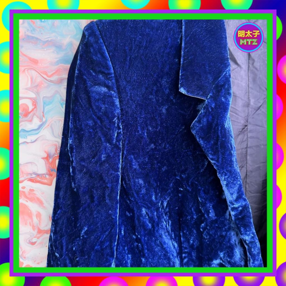 二手 藍色 絨布 口袋 包釦 寬鬆 古董 西裝 外套 F1026 【明太子 古著應召站】-細節圖2