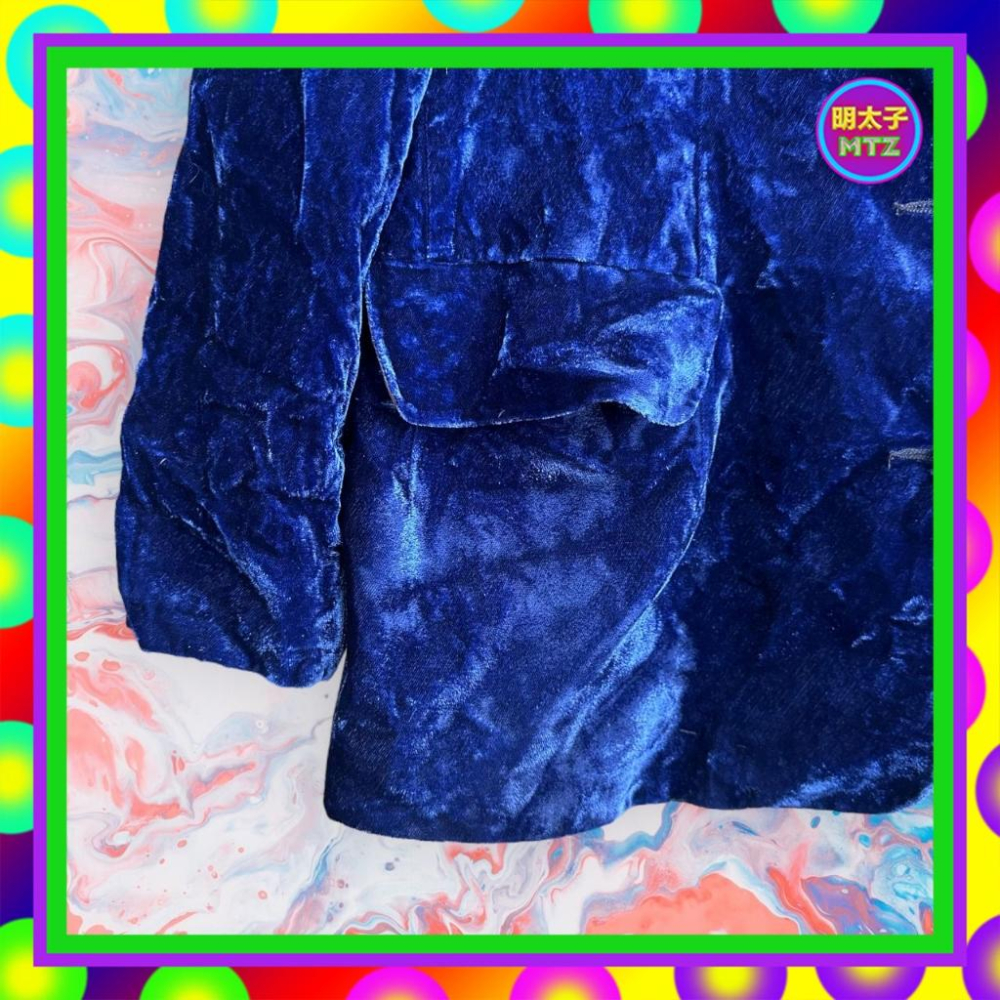 二手 藍色 絨布 口袋 包釦 寬鬆 古董 西裝 外套 F1026 【明太子 古著應召站】-細節圖3