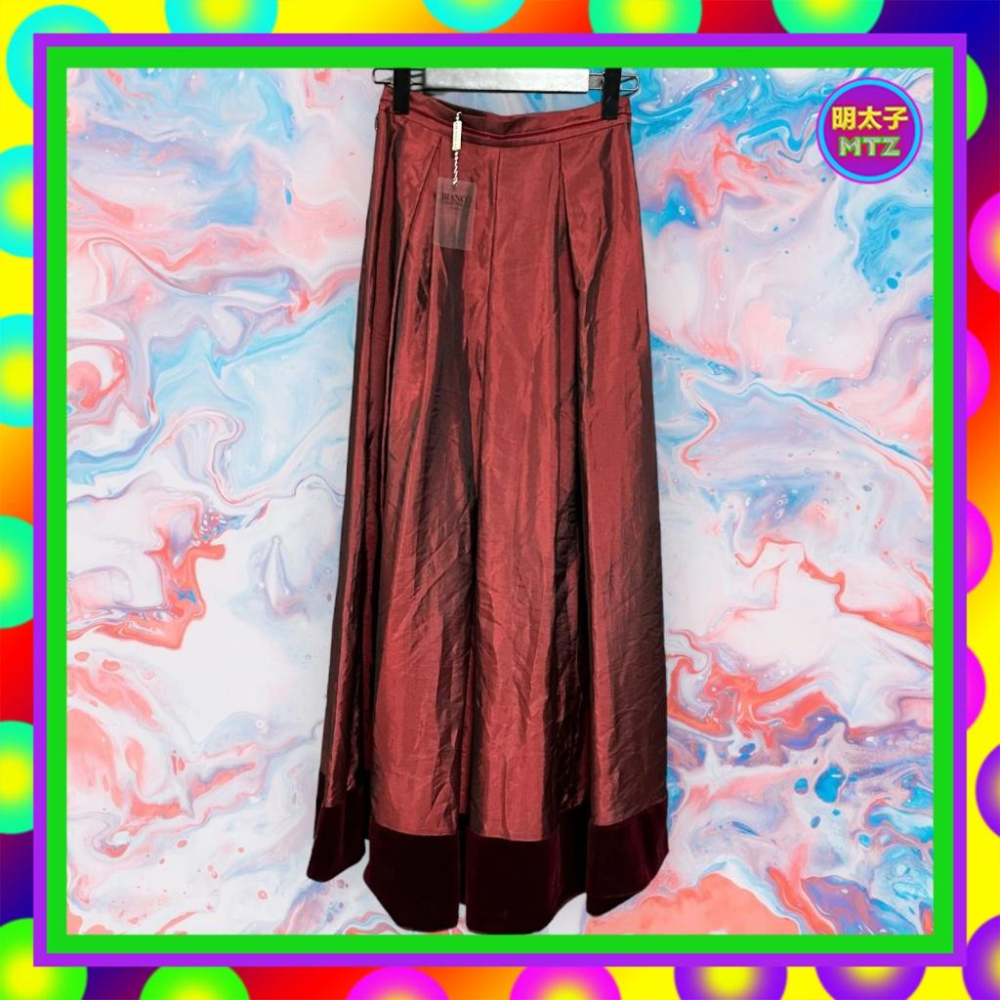 二手 BIANCO 酒紅色 風衣材質 壓褶 拼接 絨布 傘狀 高腰 24 短裙 F1019 【明太子 古著應召站】-細節圖4