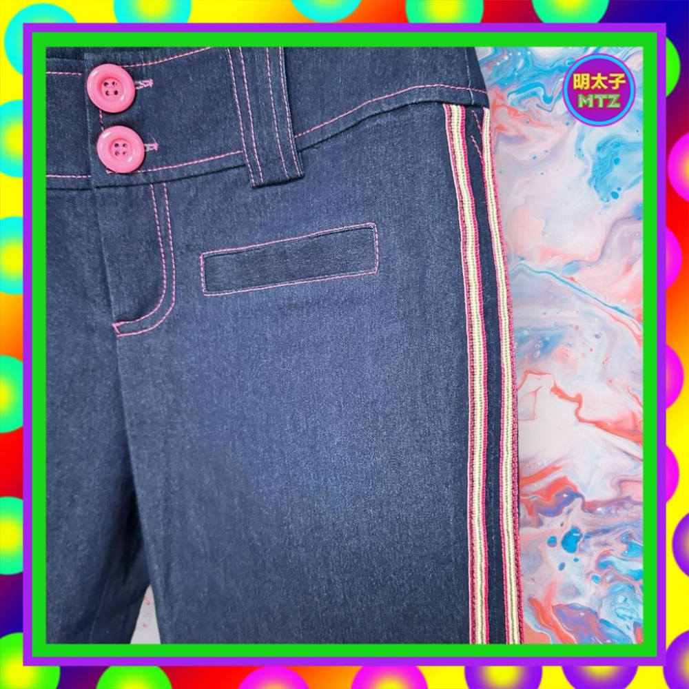 二手 BANK 深藍粉紅配色 牛仔 偏薄 彈性 拼接 織帶 微喇叭 低腰 27 長褲 F1019 【明太子 古著應召站】-細節圖2