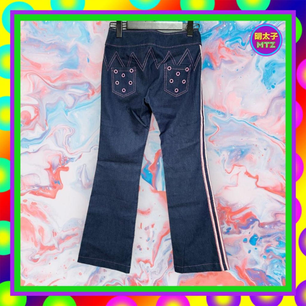 二手 BANK 深藍粉紅配色 牛仔 偏薄 彈性 拼接 織帶 微喇叭 低腰 27 長褲 F1019 【明太子 古著應召站】-細節圖3