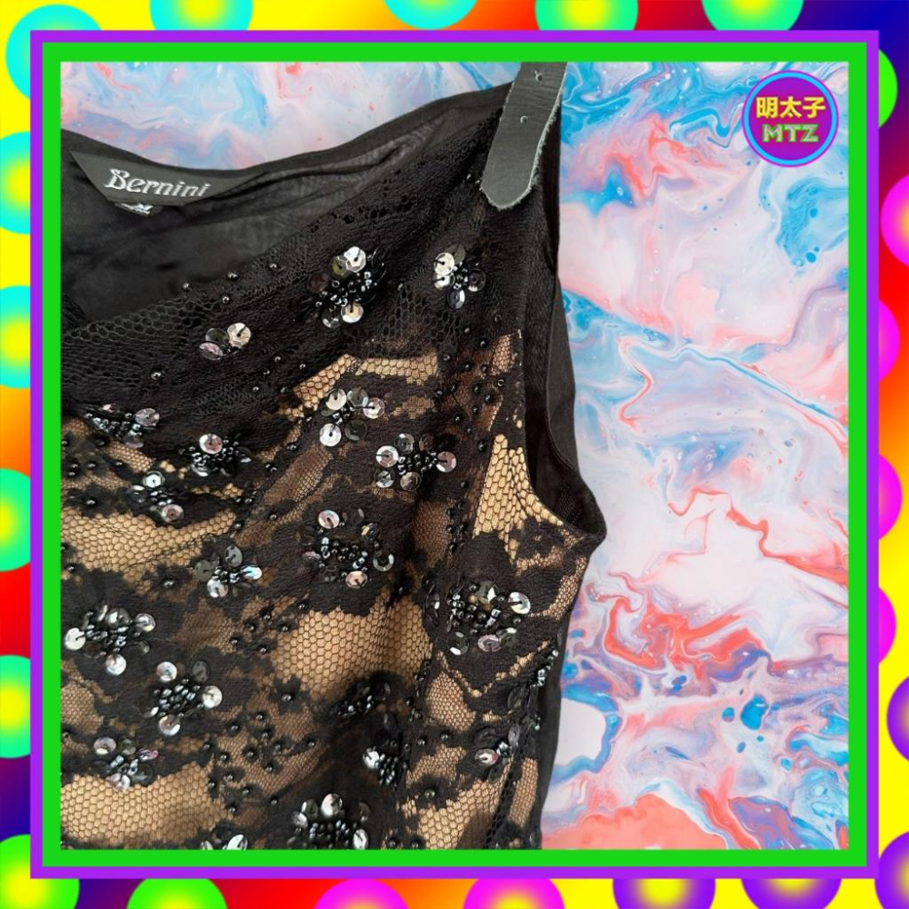二手 BERNINI 黑色蕾絲亮片珠飾網眼 淺咖內壢 透背 微彈 背心 F1013 【明太子 古著應召站】-細節圖2