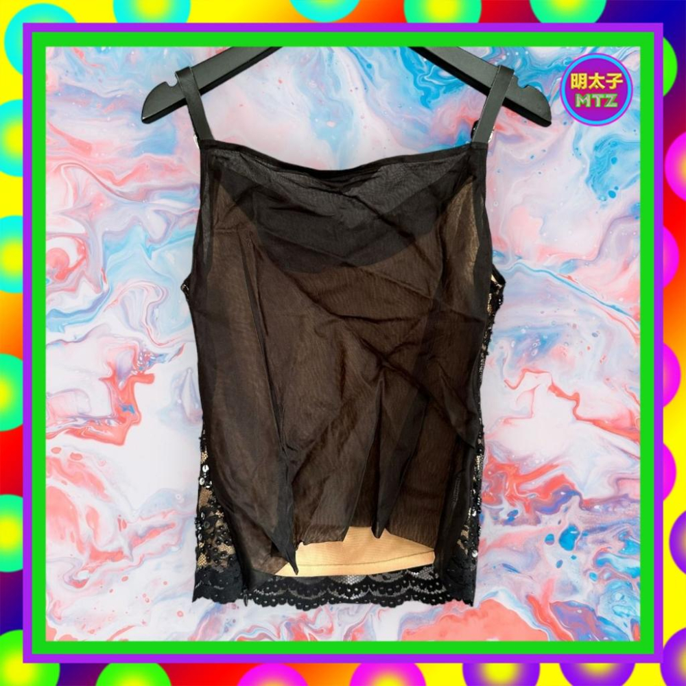 二手 BERNINI 黑色蕾絲亮片珠飾網眼 淺咖內壢 透背 微彈 背心 F1013 【明太子 古著應召站】-細節圖3