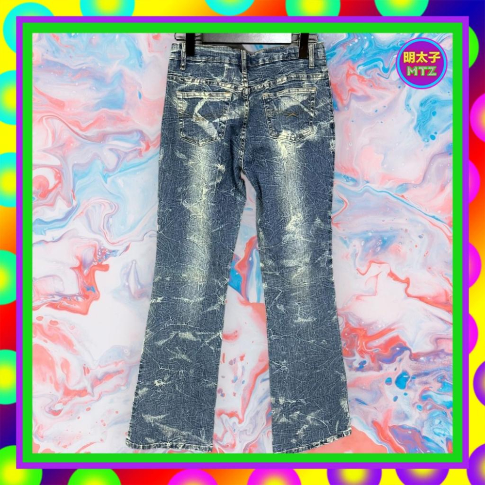 二手 貝蒂噗 藍色 牛仔 彈性 皺紋 口袋 印花 微喇叭 低腰 29 長褲 F928 【明太子 古著應召站】-細節圖4