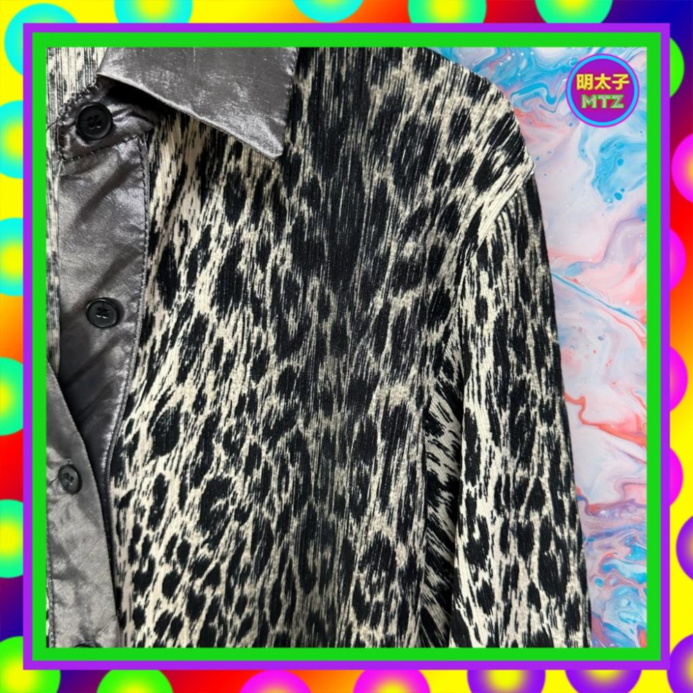 二手 灰黑配色 壓褶 彈性 豹紋印花 拼接 風衣材質 合身 長袖 襯衫 F925 【明太子 古著應召站】-細節圖2