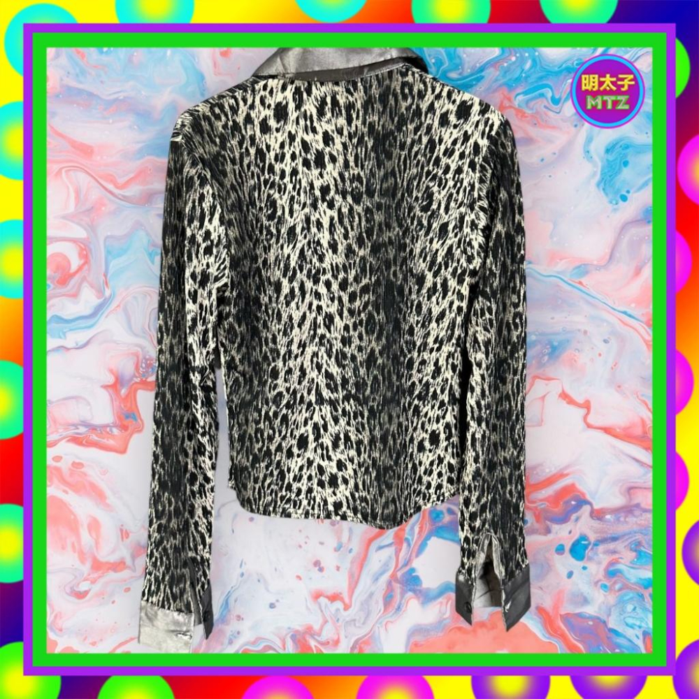 二手 灰黑配色 壓褶 彈性 豹紋印花 拼接 風衣材質 合身 長袖 襯衫 F925 【明太子 古著應召站】-細節圖3