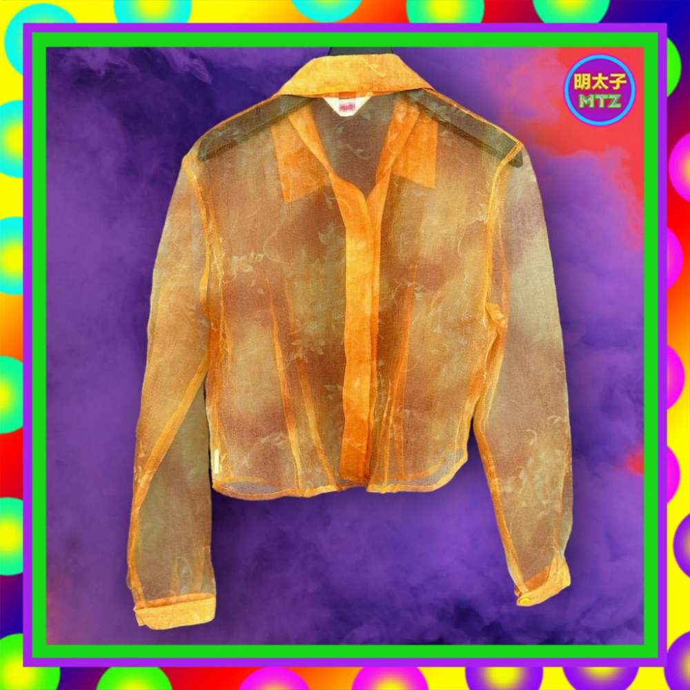 二手 橘色 薄紗 印花 微挺 顆粒感 寬身 略彈性 長袖 襯衫 F920 【明太子 古著應召站】-細節圖3