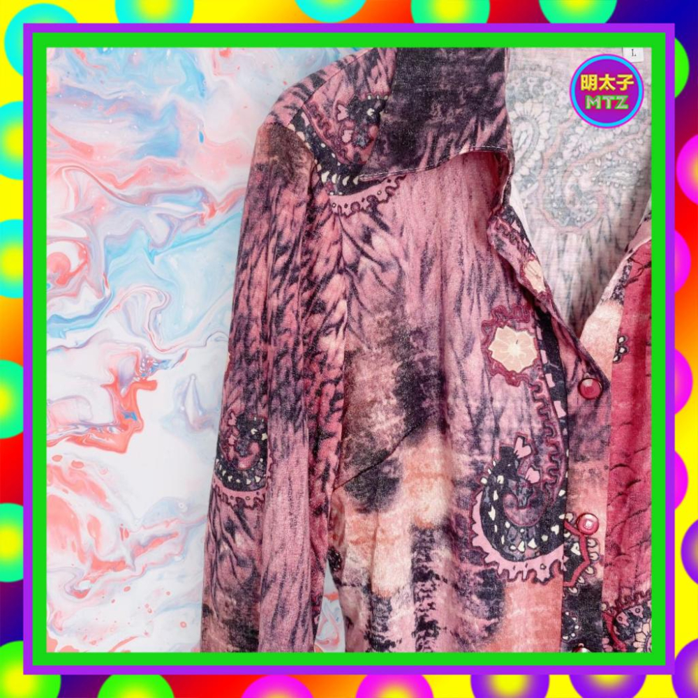 二手 桃粉紅 印花 彈性 微珠光 長袖 襯衫 F913 【明太子 古著應召站】-細節圖2