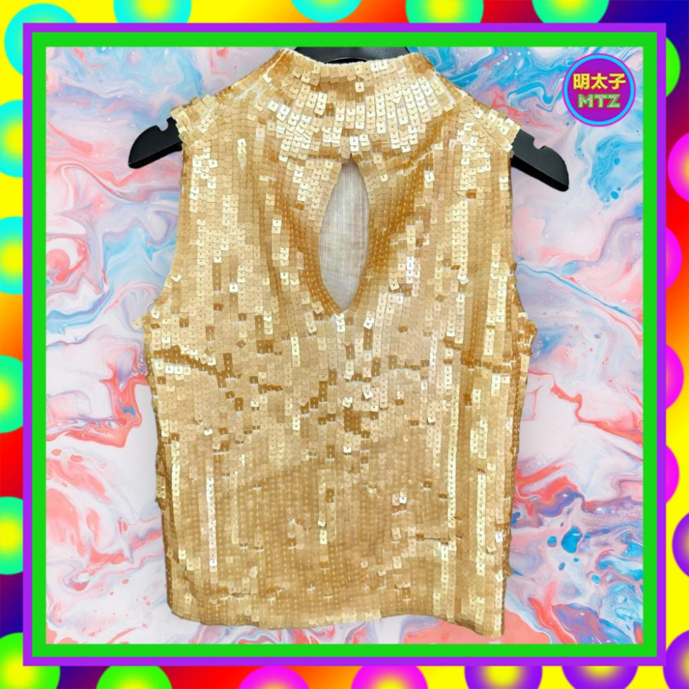 二手 BERNINI 棕色 滿版亮片 微厚 高彈性 立領 背心 F913B 【明太子 古著應召站】-細節圖3