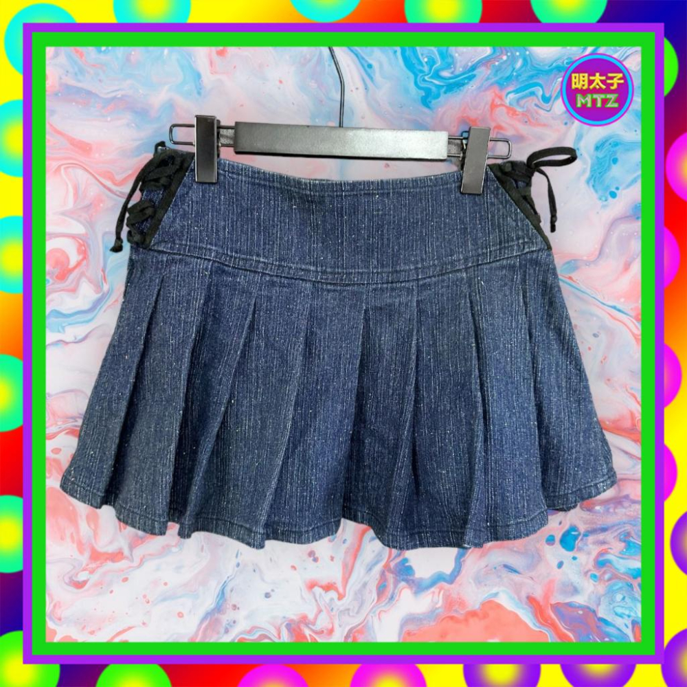 二手 AMOEBA 藍色 牛仔 綁繩 彈性 打褶 低腰 30 短裙 F913 【明太子 古著應召站】-細節圖3