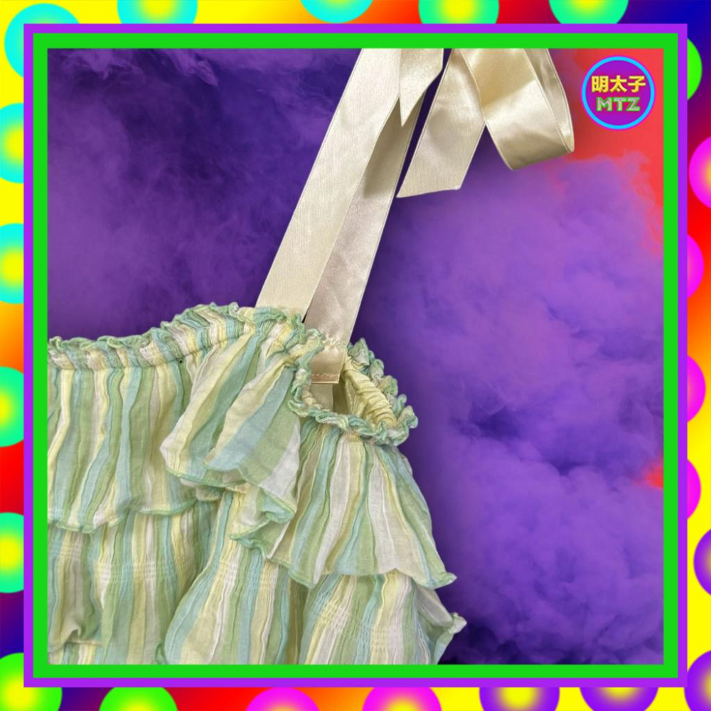 二手 BIGI 粉黃綠配色 緞面 拼接 條紋 緞帶 層次 鬆緊領 背心 F911 【明太子 古著應召站】-細節圖2