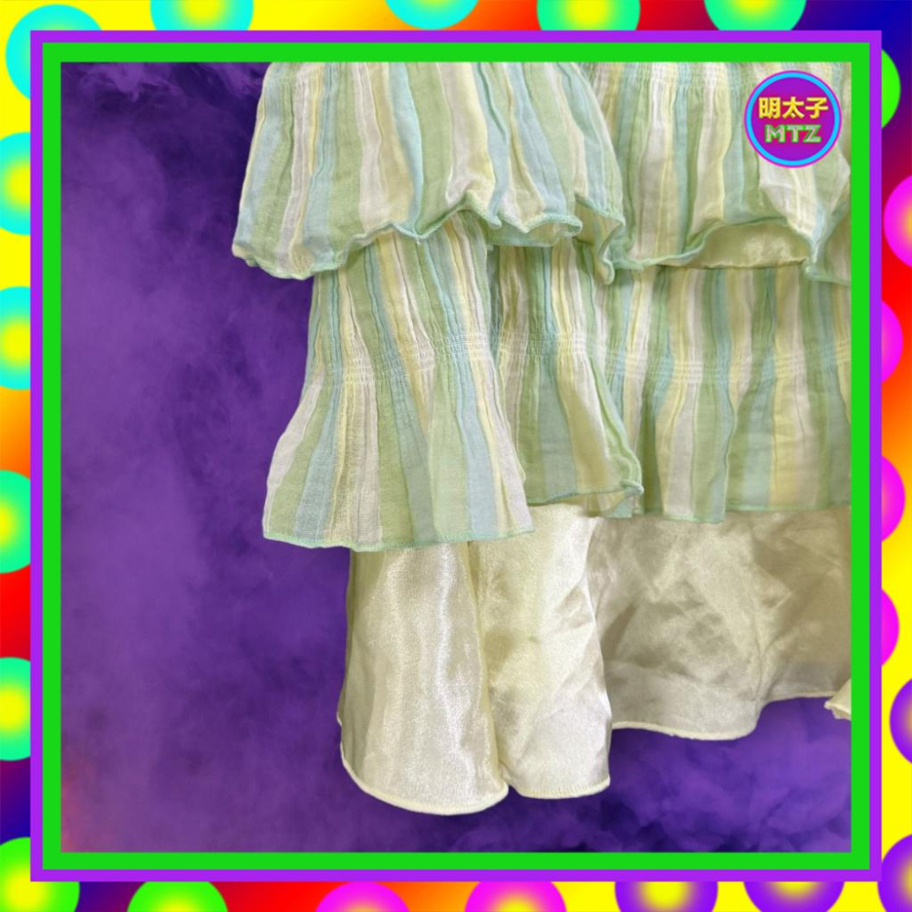 二手 BIGI 粉黃綠配色 緞面 拼接 條紋 緞帶 層次 鬆緊領 背心 F911 【明太子 古著應召站】-細節圖3