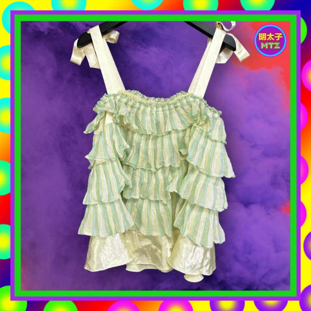 二手 BIGI 粉黃綠配色 緞面 拼接 條紋 緞帶 層次 鬆緊領 背心 F911 【明太子 古著應召站】-細節圖4