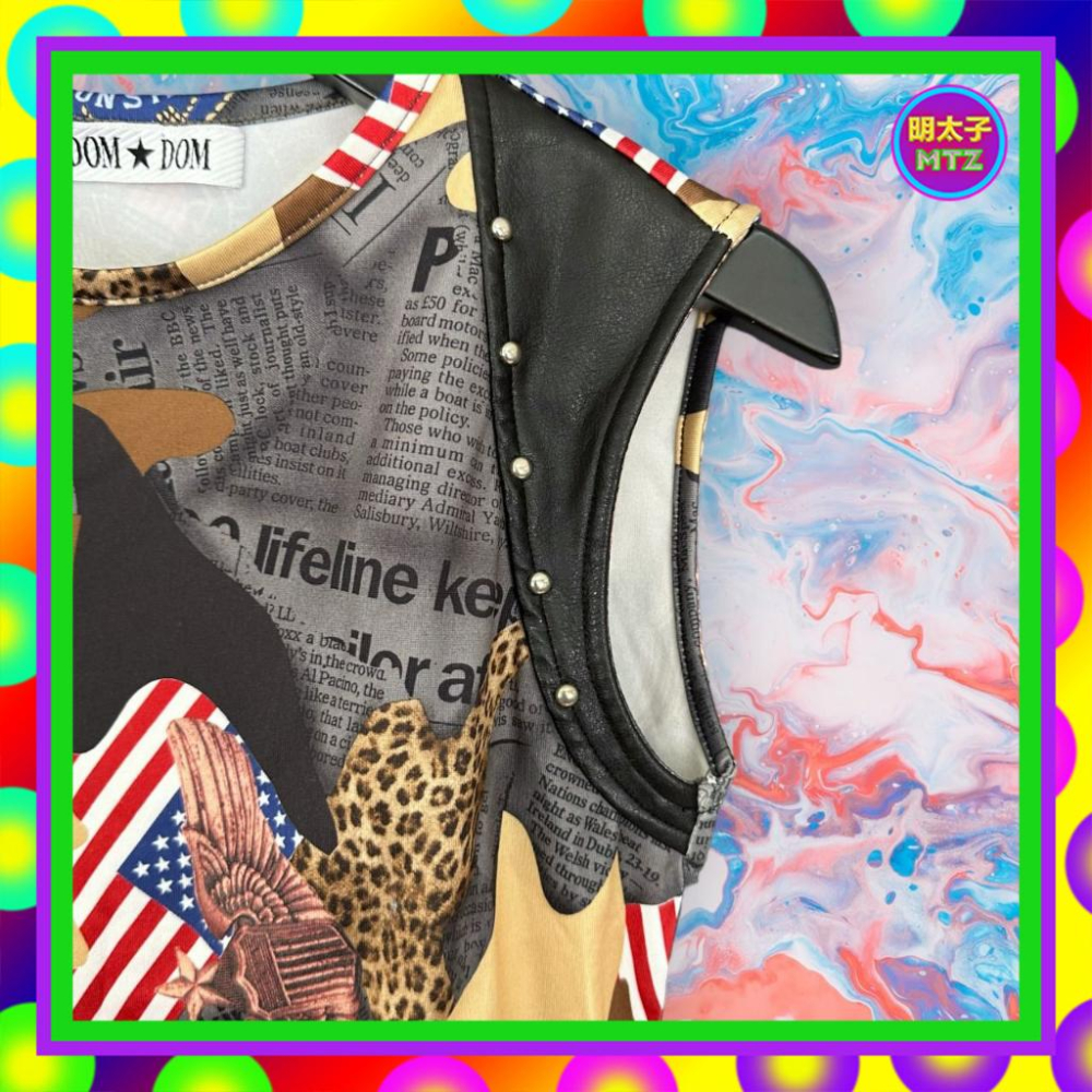 二手 DOM DOM 彩色 印花 微亮面 拼接 仿皮 彈性 鉚釘 背心 F905 【明太子 古著應召站】-細節圖2