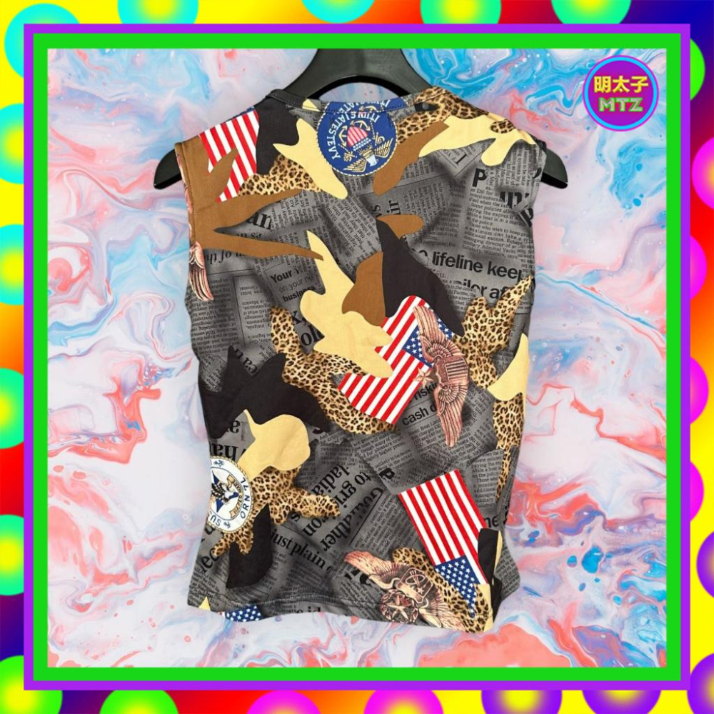 二手 DOM DOM 彩色 印花 微亮面 拼接 仿皮 彈性 鉚釘 背心 F905 【明太子 古著應召站】-細節圖3