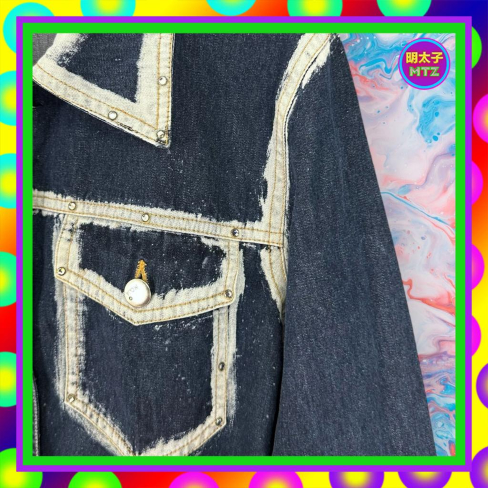 二手 MOJA 深藍白配色 薄牛仔 鑽飾 口袋 排釦 外套 F905 【明太子 古著應召站】-細節圖2