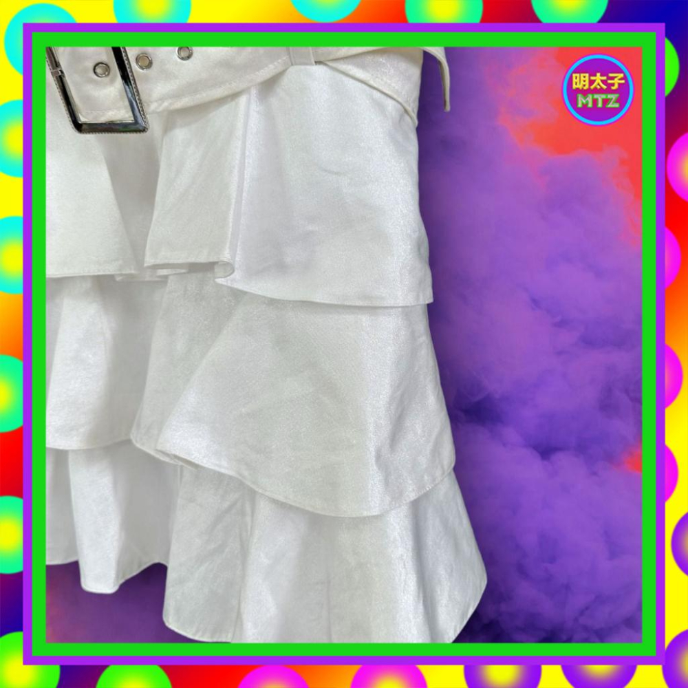 二手 白色 珠光 略硬挺 拼接 網紗 正上拉鍊 削肩 附腰帶 層次裙 洋裝 F904 【明太子 古著應召站】-細節圖2