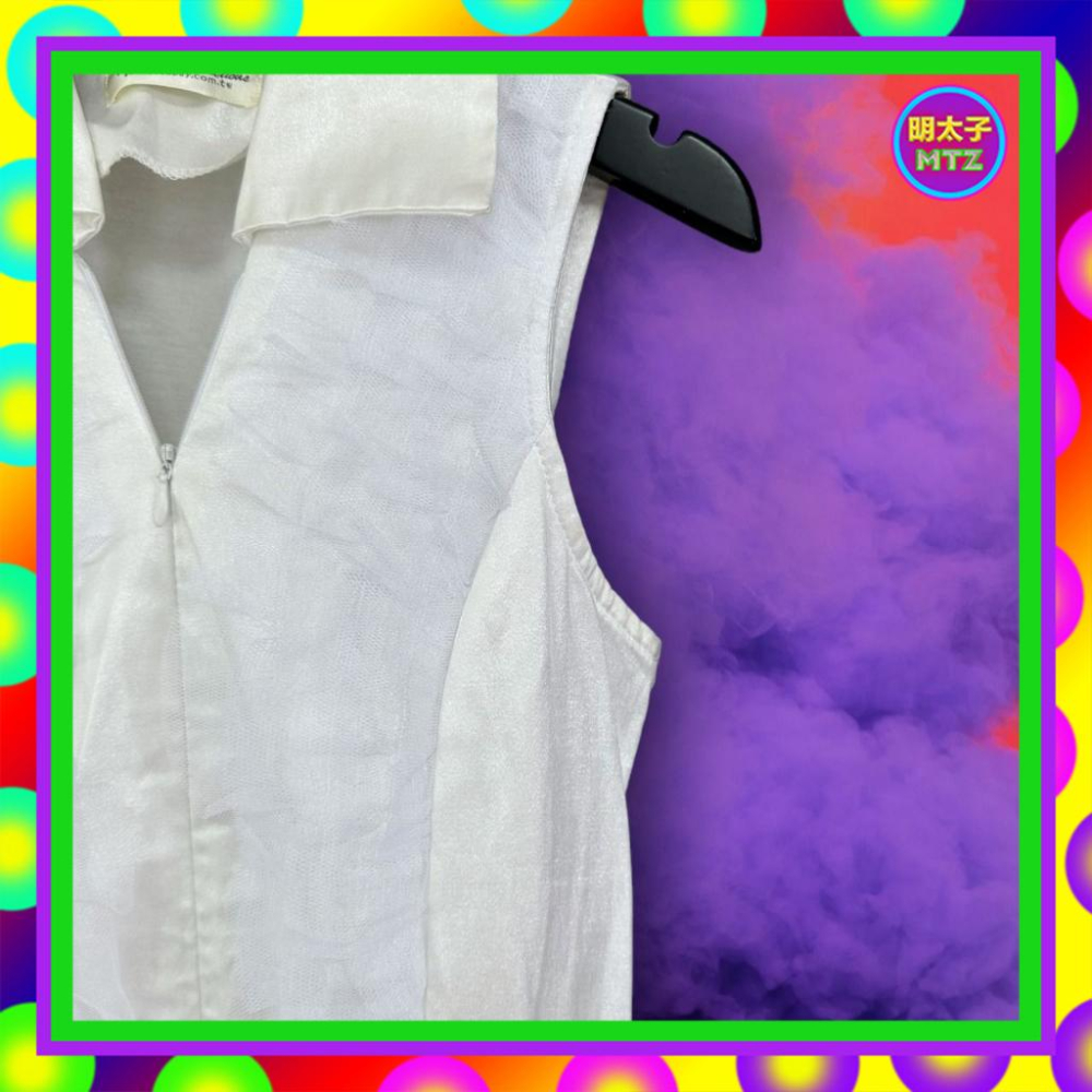 二手 白色 珠光 略硬挺 拼接 網紗 正上拉鍊 削肩 附腰帶 層次裙 洋裝 F904 【明太子 古著應召站】-細節圖3