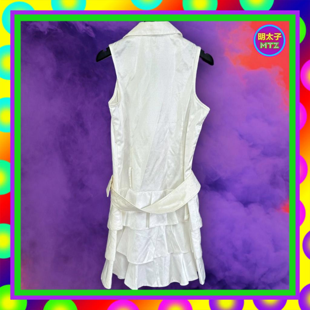 二手 白色 珠光 略硬挺 拼接 網紗 正上拉鍊 削肩 附腰帶 層次裙 洋裝 F904 【明太子 古著應召站】-細節圖4