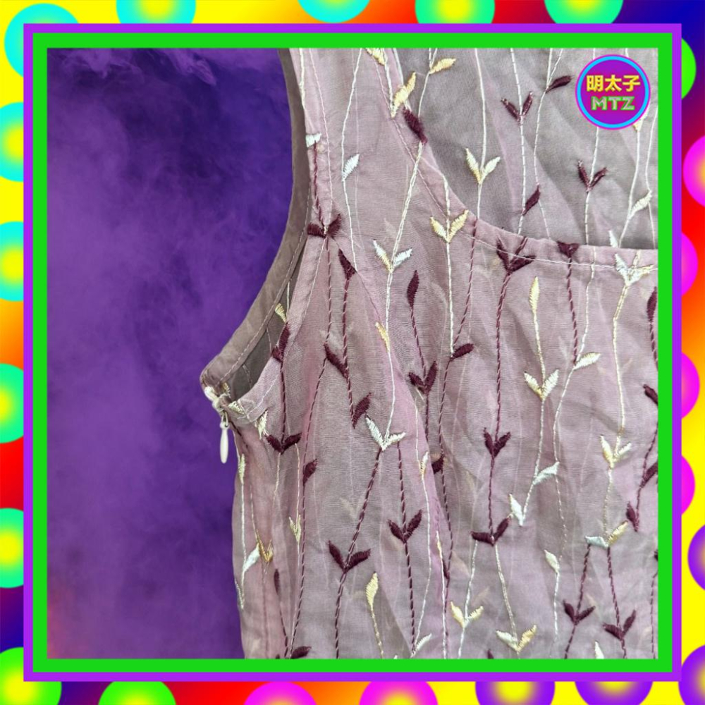 二手 粉紫色 薄紗 微挺 刺繡 透明 微彈性 洋裝 F901 【明太子 古著應召站】-細節圖2