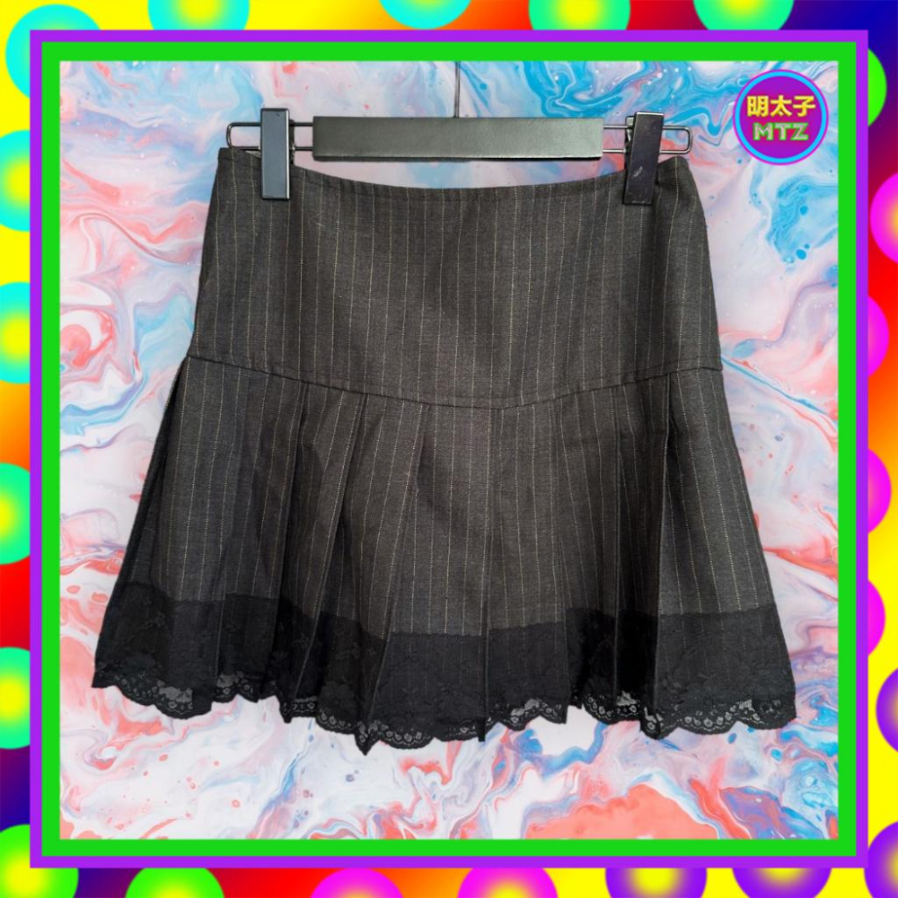 二手 CANTWO 黑灰色 西裝布 線條 壓褶 拼接 蕾絲 低腰 28 短裙 F823 【明太子 古著應召站】-細節圖4