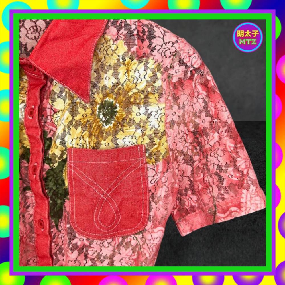 二手 紅色 蕾絲 彩色印花 彈性 略透 拼接 口袋 短袖 襯衫 F823 【明太子 古著應召站】-細節圖2