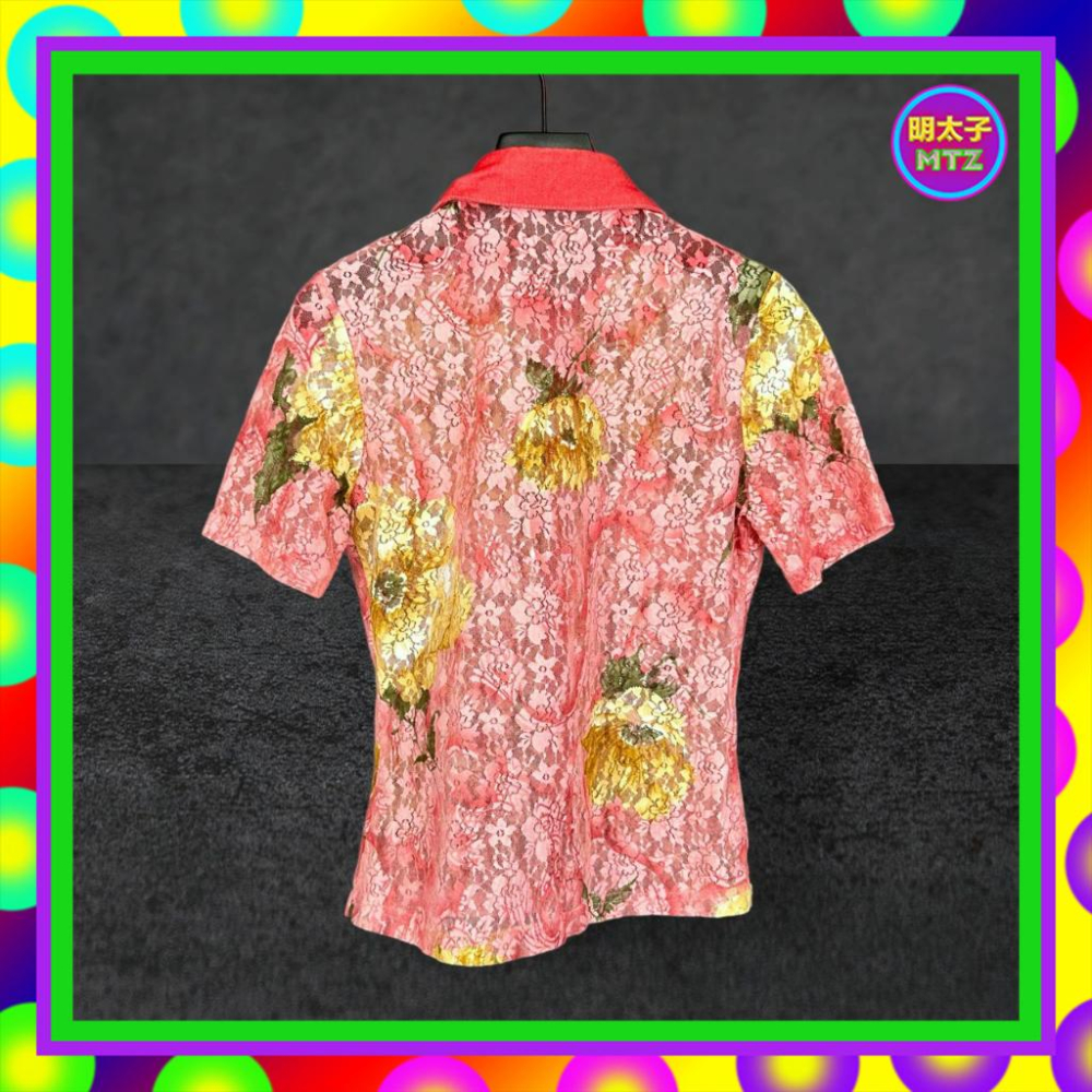 二手 紅色 蕾絲 彩色印花 彈性 略透 拼接 口袋 短袖 襯衫 F823 【明太子 古著應召站】-細節圖3