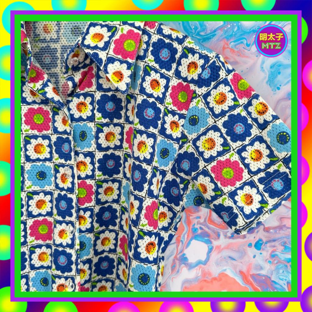 二手  FASHION BOY 藍色 彩色印花 洞洞布 彈性 微挺 短袖 襯衫 F817 【明太子 古著應召站】-細節圖2