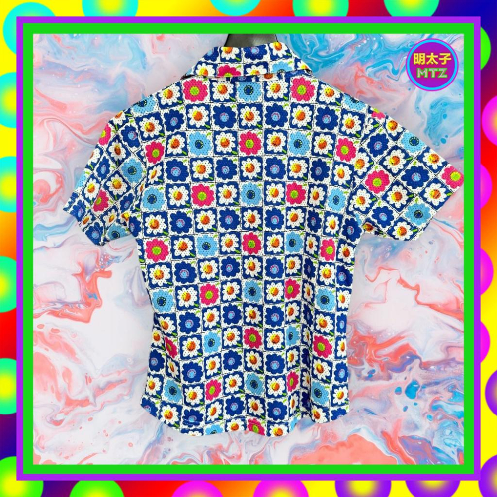 二手  FASHION BOY 藍色 彩色印花 洞洞布 彈性 微挺 短袖 襯衫 F817 【明太子 古著應召站】-細節圖3
