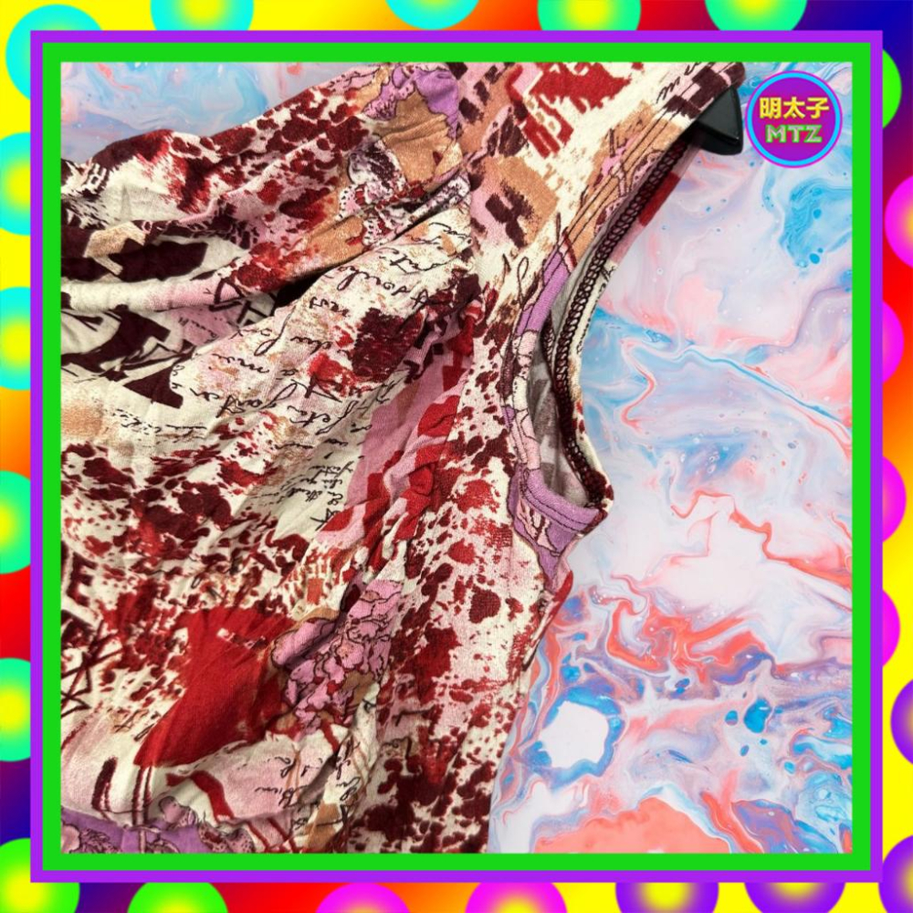 二手 AXARA 紅咖米配色 印花 輕薄 彈性 拼接 抓皺 垮領 背心 F731 【明太子 古著應召站】-細節圖2