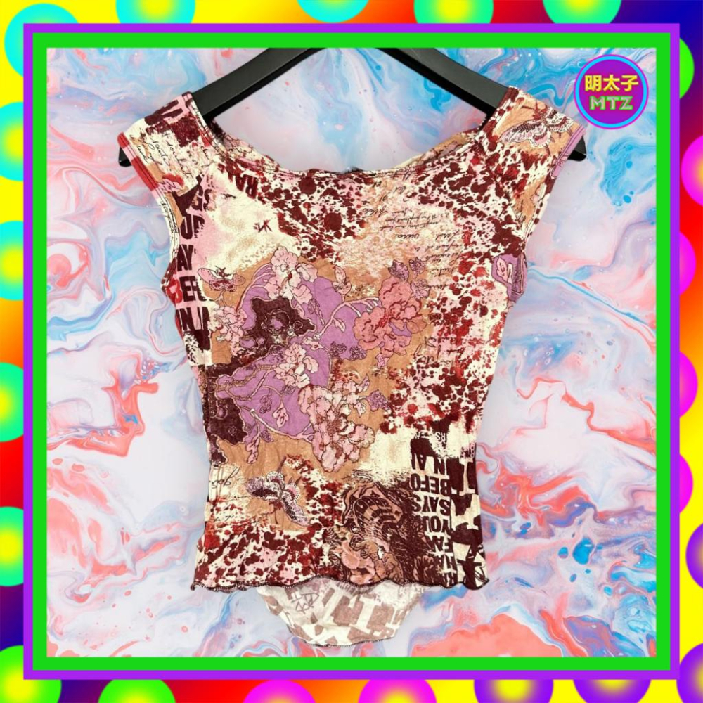 二手 AXARA 紅咖米配色 印花 輕薄 彈性 拼接 抓皺 垮領 背心 F731 【明太子 古著應召站】-細節圖3