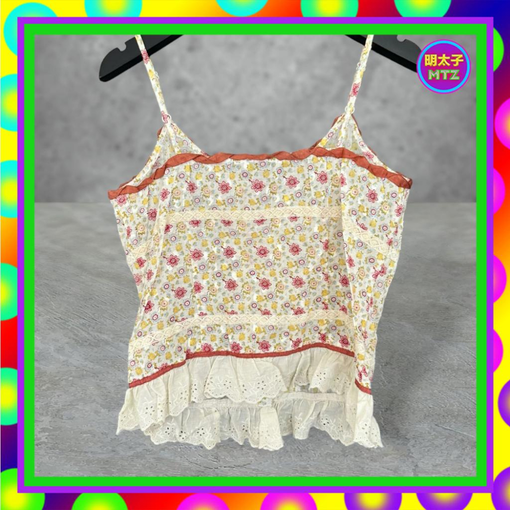 二手 CHAVANA 米咖配色 彩色印花 輕薄 微挺 微透 蕾絲 略彈性 排釦 背心 F720 【明太子 古著應召站】-細節圖4