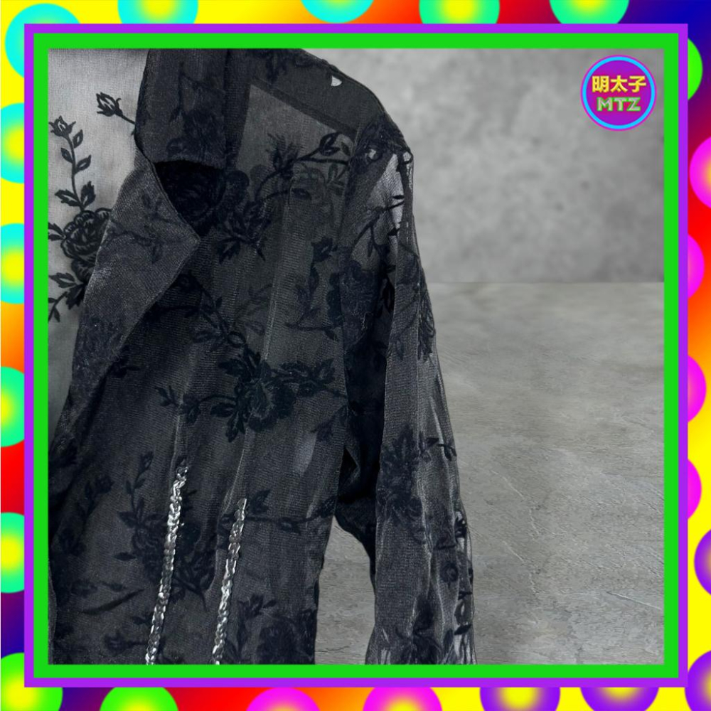 二手 K&D 黑色 網紗 輕薄 略挺 略彈性 絨面印花 亮片 罩衫 長袖 襯衫 F719 【明太子 古著應召站】-細節圖2