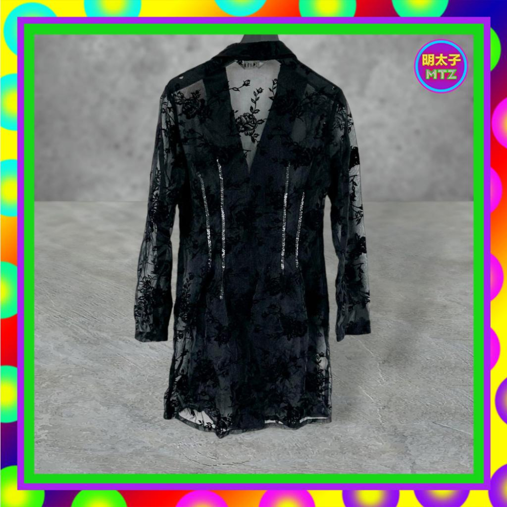 二手 K&D 黑色 網紗 輕薄 略挺 略彈性 絨面印花 亮片 罩衫 長袖 襯衫 F719 【明太子 古著應召站】-細節圖3