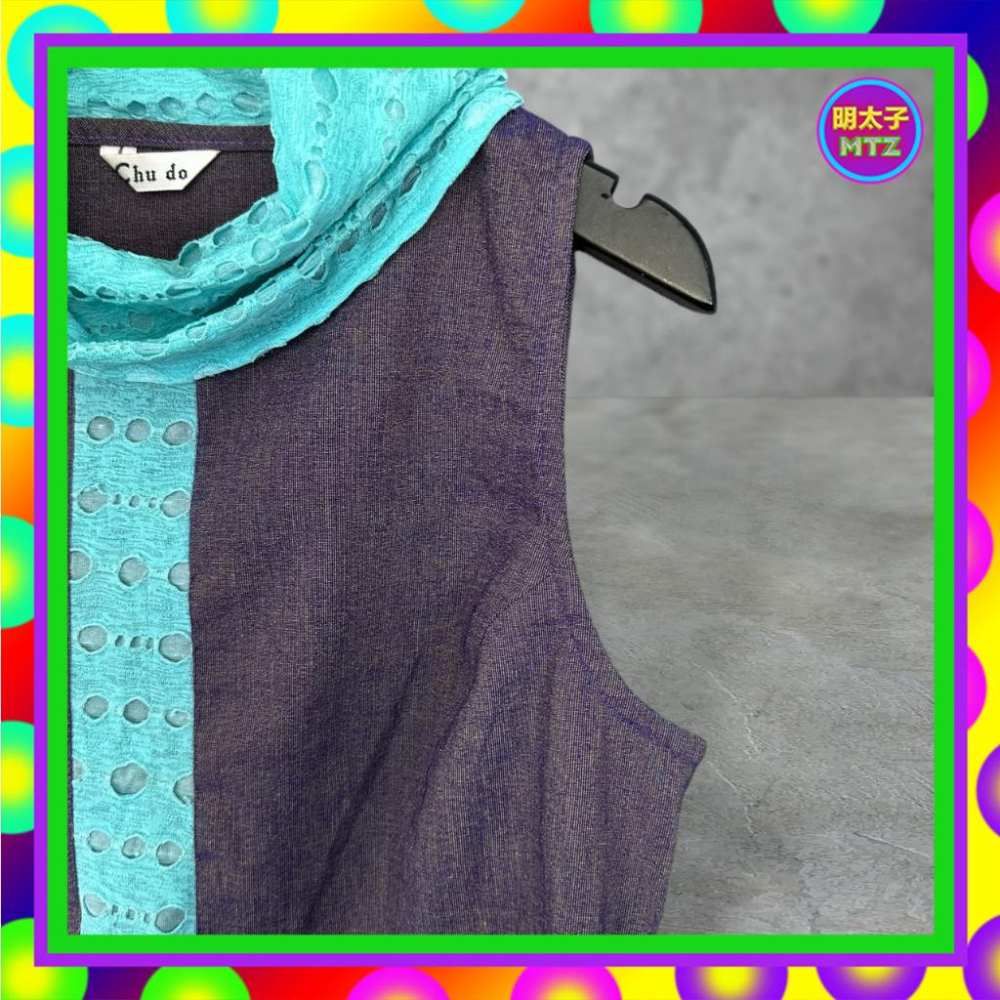二手 CHU DO 紫藍配色 輕薄 略挺 彈性 拼接 破洞 套頭 側拉鍊 背心 F717 【明太子 古著應召站】-細節圖2