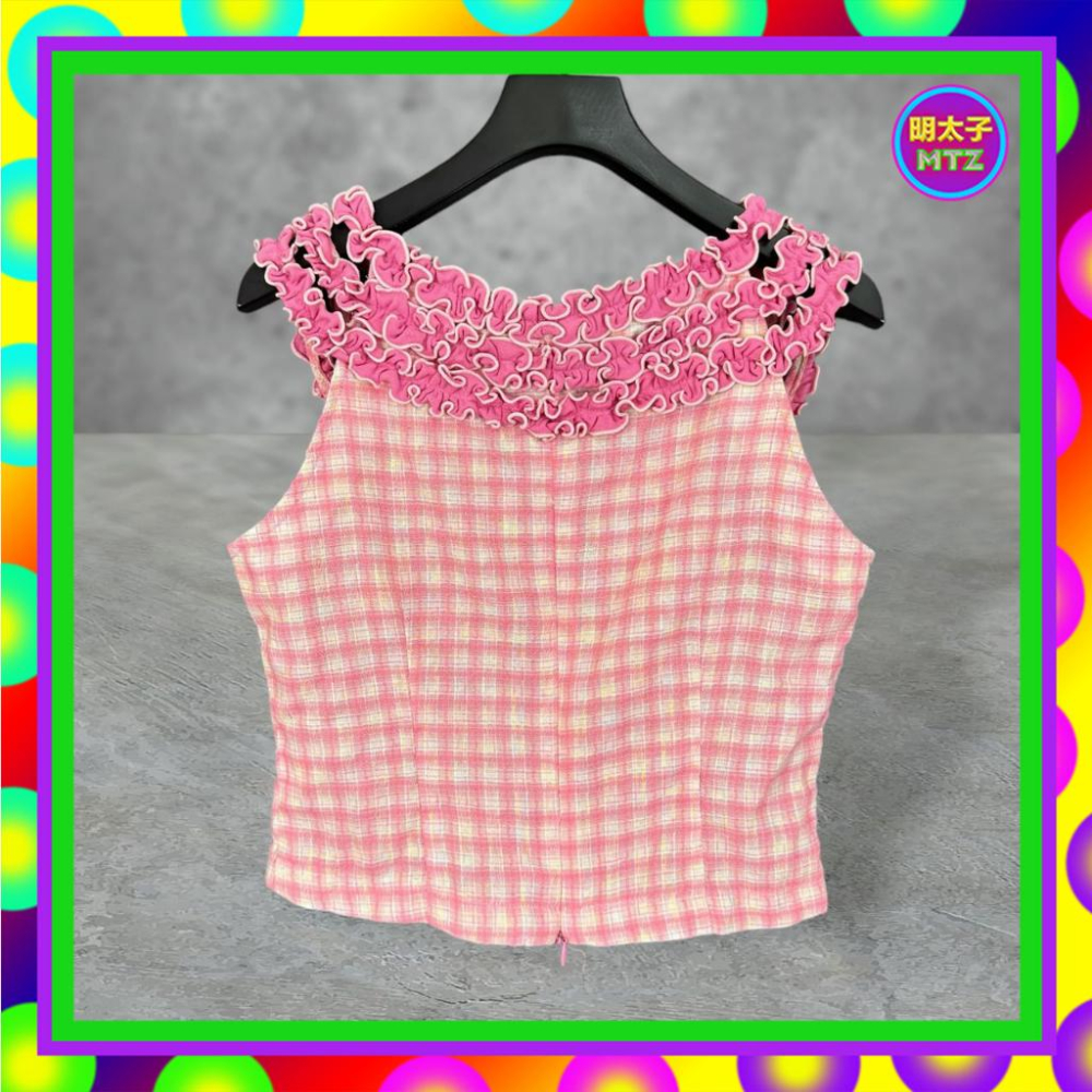 二手 FENNAIL 粉紅色 格織紋 輕薄 透光 拼接 中短版 側拉鍊 背心 F714【明太子 古著應召站】-細節圖3