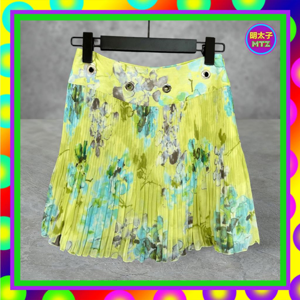 二手 CHARCOAL 綠色 薄紗飄逸 壓褶皺 拼接 鉚釘 高腰 25 短裙 F714 【明太子 古著應召站】-細節圖3