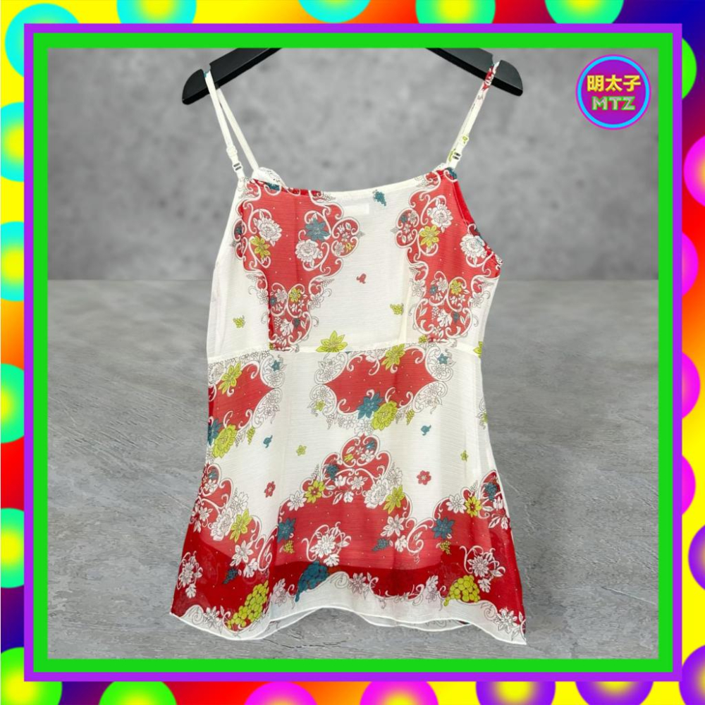 二手 BANK 米白紅配色 薄紗飄逸 彩色印花 拼接 蕾絲 抓奶皺 傘狀 側拉鍊 背心 F713 【明太子 古著應召站】-細節圖3