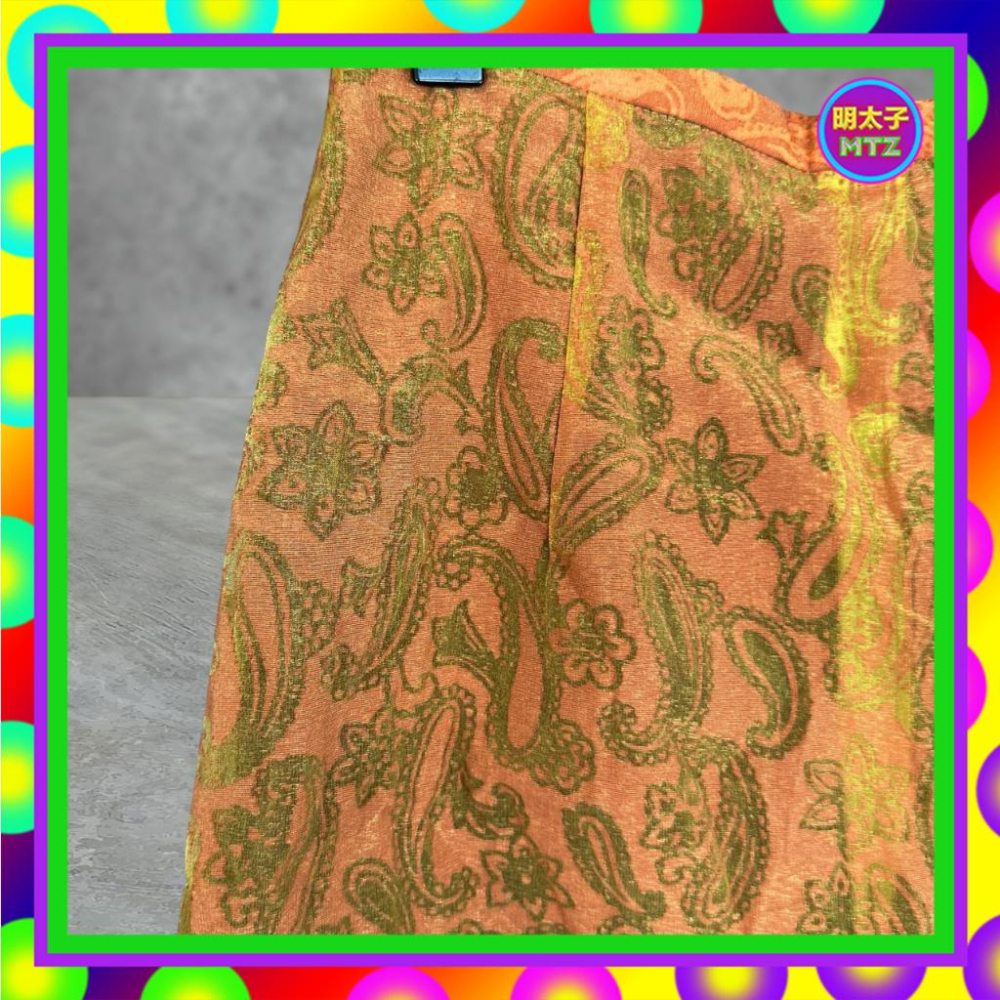 二手 CHIC 暗橘色綠配 薄紗 閃耀 微挺 織紋 高腰 25 短裙 F712 【明太子 古著應召站】-細節圖3