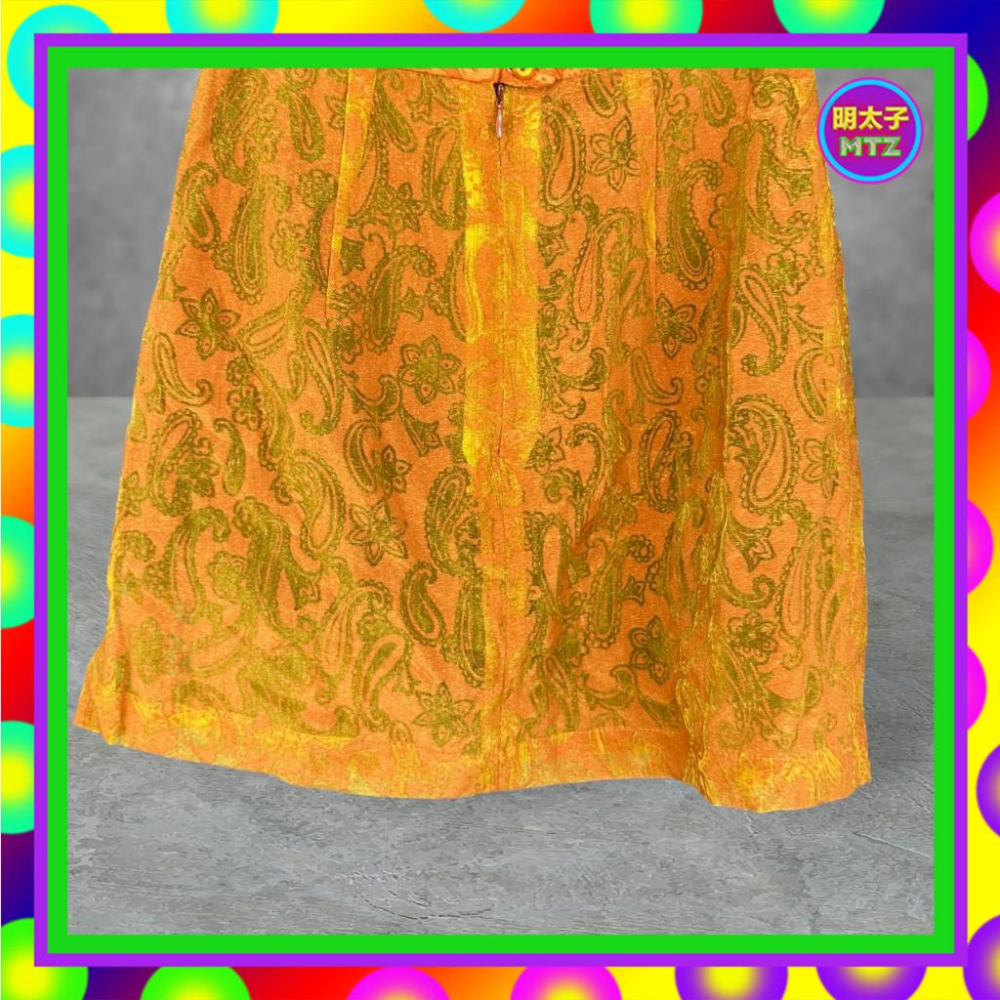 二手 CHIC 暗橘色綠配 薄紗 閃耀 微挺 織紋 高腰 25 短裙 F712 【明太子 古著應召站】-細節圖4