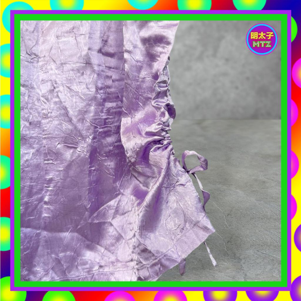 二手 淺紫色 緞面 輕薄 壓縐 腰綁帶 側邊抽繩 無拉鍊 洋裝 F705 【明太子 古著應召站】-細節圖3