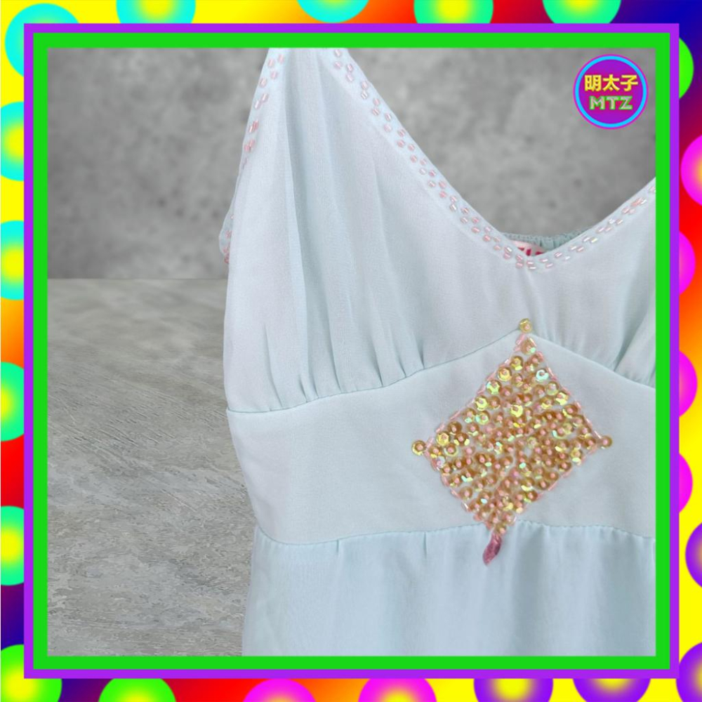 二手 CASTLE 粉藍色 薄紗飄逸 傘狀 拼接 珠飾 鬆緊領 背心 F703B 【明太子 古著應召站】-細節圖2